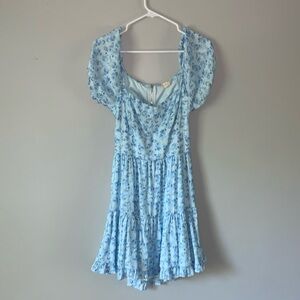 Altar’d State Light Blue Floral Puff Sleeve Open Back Mini Dress large NEW WOT